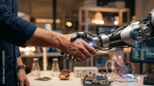shows a close-up, side view of a human and a robot shaking hands in a laboratory setting.