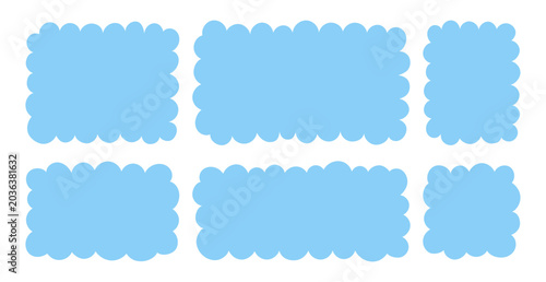 Fluffy label set with soft cloudy edges. Blue rectangular and square frames, wavy badge shapes.