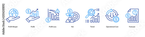 Profit Analysis web banner icon vector illustration featuring Profit Margin, Profit, Profit Loss, ROI, Trend, Operational Cost, and Forecast.