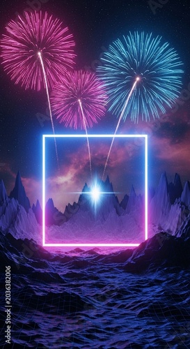 Celestial Bloom over Neon Peaks
