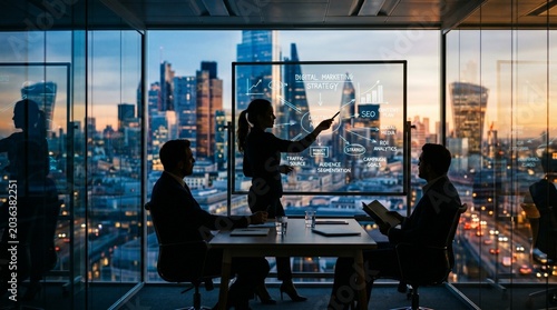 The setting creates a sophisticated, forward-thinking corporate environment, emphasizing strategic planning and collaboration.