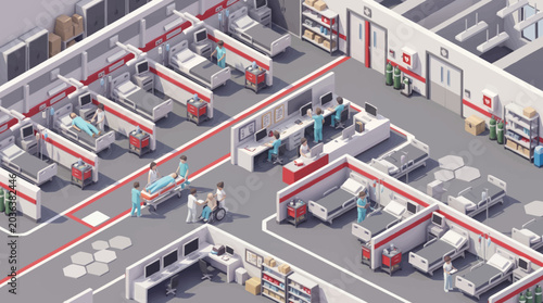 Isometric view of a modern hospital interior layout with patient rooms and workstations.