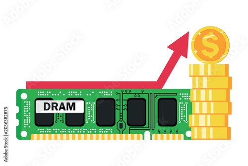 Foto A conceptual flat vector illustration showing the rising cost of DRAM computer memory, featuring a RAM module stick with a red upward growth arrow pointing to a tall stack of shiny gold dollar coins