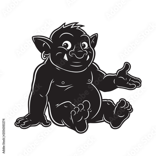 Принти на полотні Friendly cartoon troll mascot vector illustration with pointy ears and tusks sit