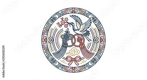 Fotografie Japanese Crane and Cherry Blossom Crest Symbol.