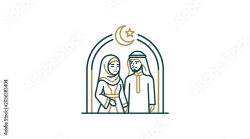 Fotografía Muslim Couple Wearing Traditional Islamic Clothing Standing Together