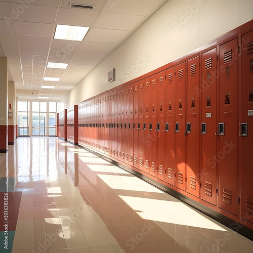 Empty school hallway with red lockers.