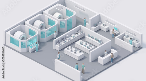 Schilderij op canvas Isometric view of a modern clean public restroom interior design.