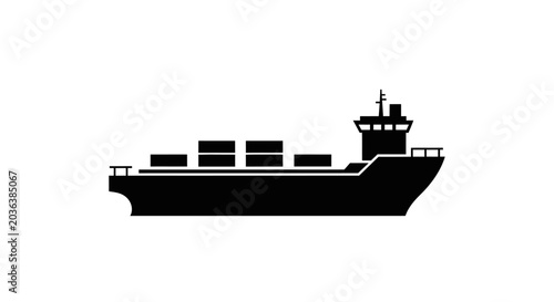 Large cargo ship silhouette at sea.