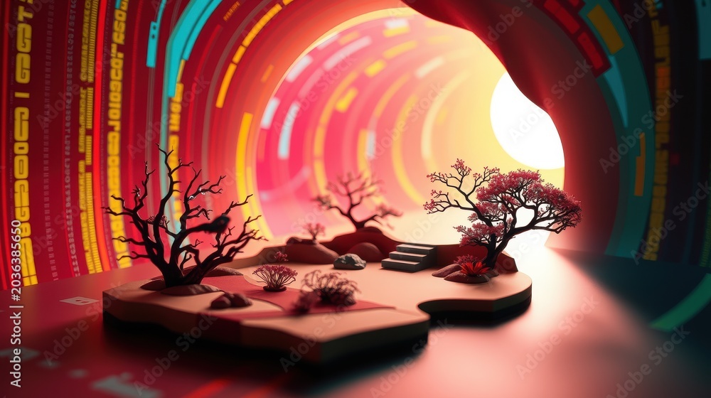 Obraz premium Abstract tunnel scene. Minimalist landscape features small trees, rocks, glowing light source. Vibrant colors dominate composition.