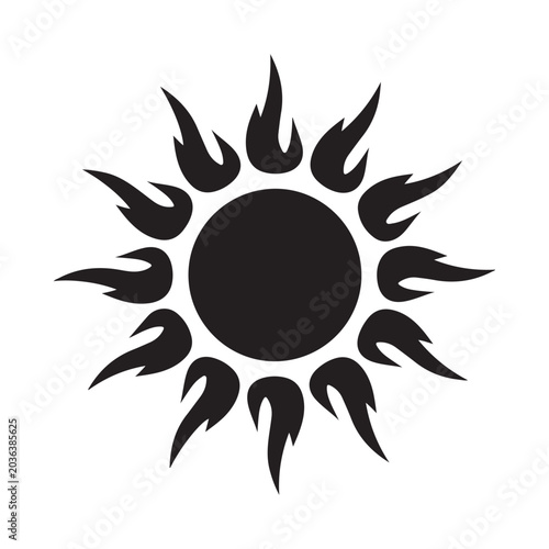 Black sun silhouette vector with flame rays for heat symbol and tribal graphic design