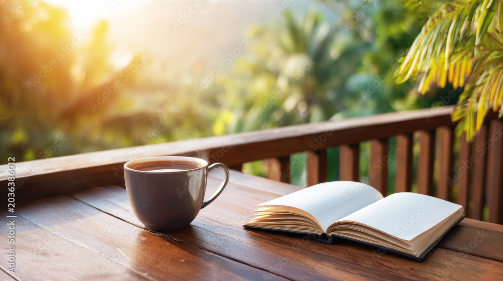Obraz premium Morning coffee and open book on an outdoor wooden balcony, enjoying a peaceful golden hour view