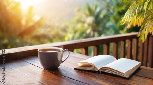 Morning coffee and open book on an outdoor wooden balcony, enjoying a peaceful golden hour view