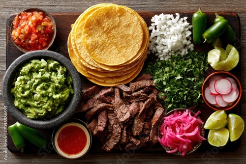 Delicious Carne Asada Taco Platter with Fresh Guacamole, Salsa, and Assorted Toppings