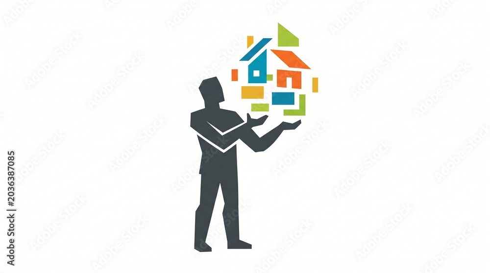Naklejka premium Abstract flat vector logo illustration of a silhouette person holding colorful geometric houses representing real estate