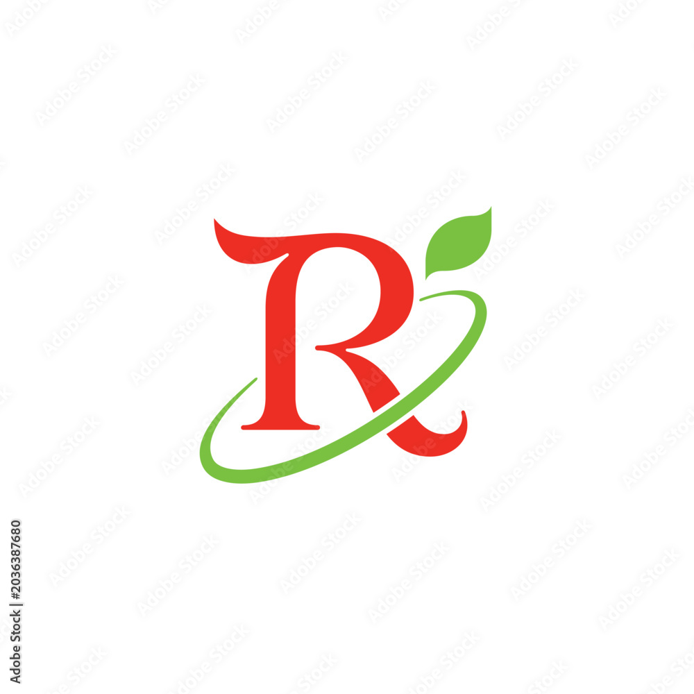 Fototapeta premium R letter logo with ellipse swosh and leaf accent