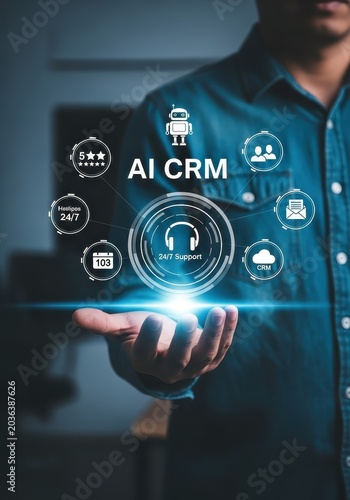 Artificial Intelligence CRM System with 24/7 Support Icons and Digital Interface in Businessman's Hand