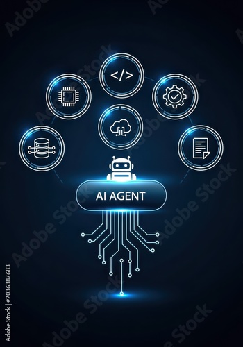 AI Agent Concept with Glowing Digital Icons and Circuitry for Artificial Intelligence Technology and Automation