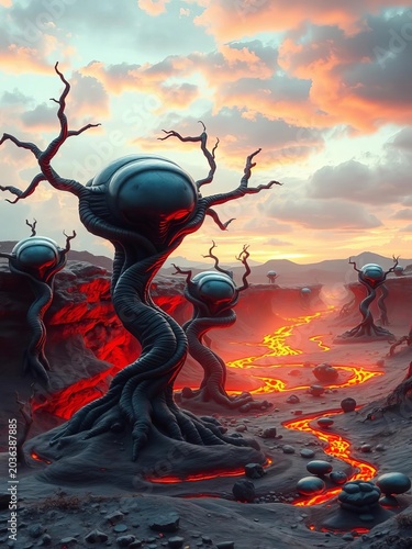 Alien landscape with twisted metallic trees and smoldering lava, planet, ||alien landscape
