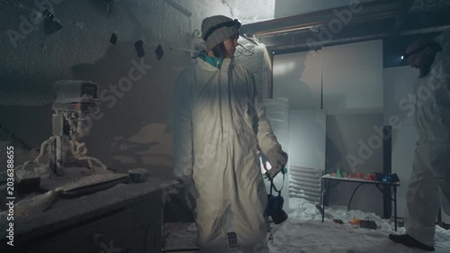 Sample collection process. Assistant carefully collects contaminated sample from freezer. Assistant methodically retrieves contaminated specimen from freezer while documenting with camera