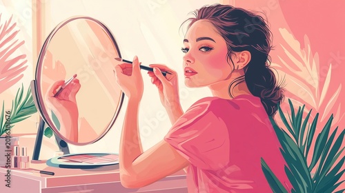 Woman Applying Makeup in Front of a Mirror