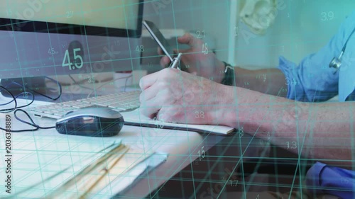 Clinician tapping phone, pulling patient metrics, writing notes at clinic desk, data grid updating