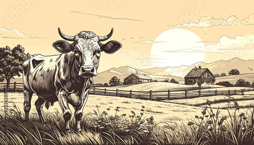 Cow in idyllic pastoral landscape at sunset
