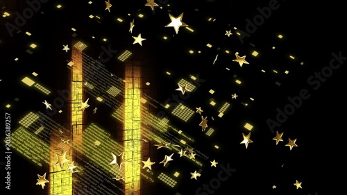 Initial gold stars drifting, swarm growing, green panels sliding in, revealing hologram circuitry