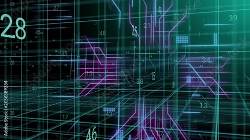 Magenta traces rising, camera advancing, 3D wire grid showing numeric network for analytics