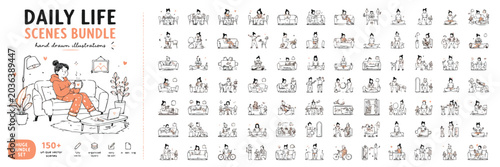 Fotografie Daily life scenes bundle with 100 hand drawn illustrations, minimalist line art