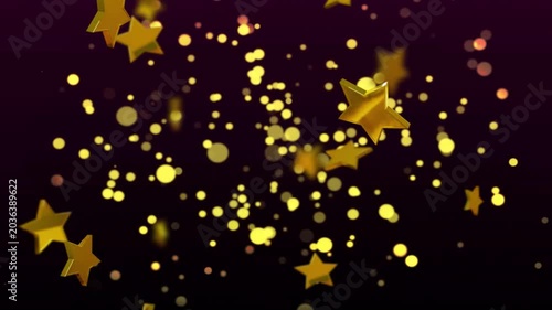 Bokeh density increasing, gold stars drifting toward camera, rotating and expanding to create depth
