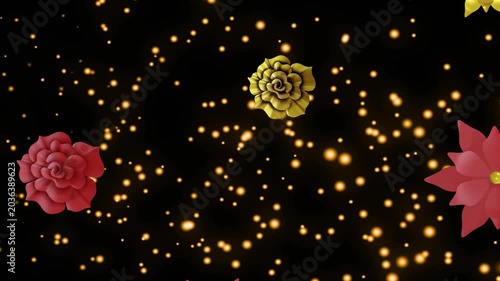Opening golden particle pulse sending flowers drifting, rotating, scaling to form festive center