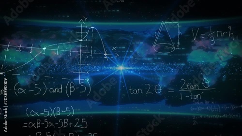 Blue star brightening and emitting beams while math graphs appearing to show algebra over world map