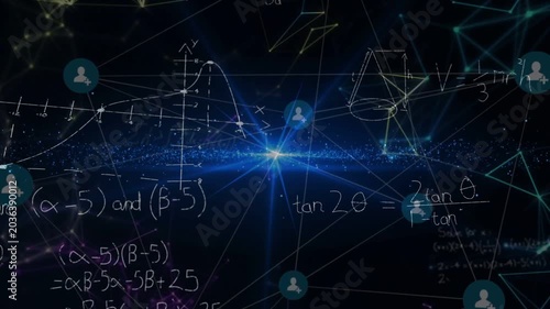 Lines fading in, central blue star anchoring, nodes appearing, math notes growing, showing network