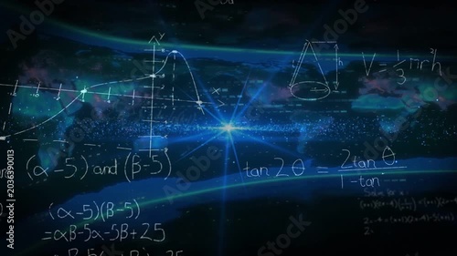 Central blue flare pulsing, sending streaks, chalk axes, curve and cone appearing, visualizing math