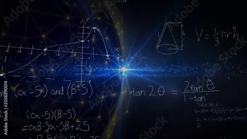 Blue star pulsing and emitting band, causing golden mesh rotating, equations forming, showing math