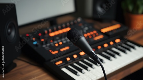 Studio Recording Setup: Microphone, Synthesizer, and Keyboard