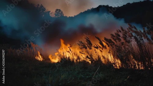 Intense Wildfire Raging Through Tall Dry Grass and Reeds