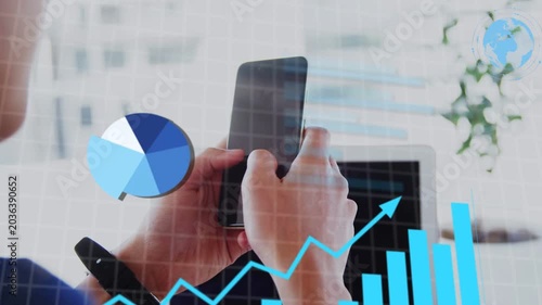 Business analyst tapping smartphone, creating percentages and evolving charts over phone for review