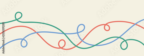 Abstract horizontal background with wavy swirl line in flat minimal style. Wallpaper with multicolor organic curvy curly stripe. Wave line art.
