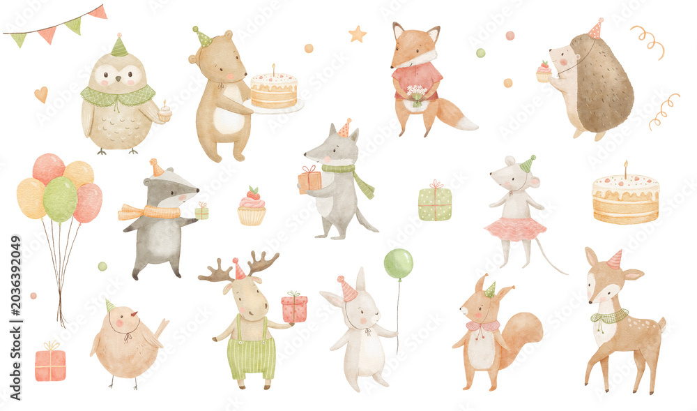Fototapeta premium Cute woodland animals with balloons and cake in festive birthday hat isolated on white background, flags garland, watercolour forest animal character illustration for kids, hand drawn art