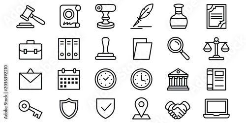 Quadro su tela Professional legal and justice outline icon collection with law firm symbols and