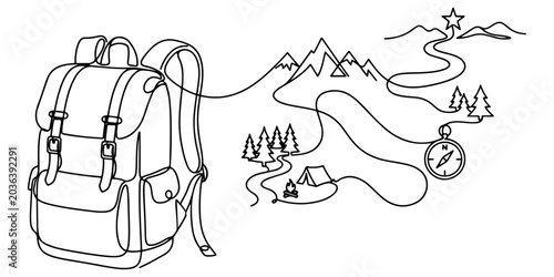 Cuadro en lienzo Continuous line drawing of travel backpacks and travel exploration trails, holiday season, line art vector illustration