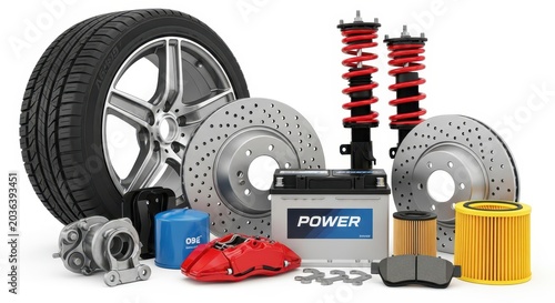 Collection of New Car Spare Parts and Accessories Isolated on White Background - Automotive Maintenance and Repair Concept