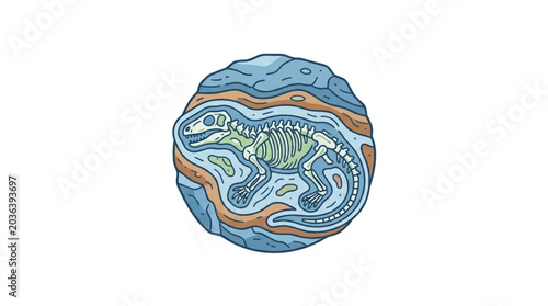Fotografie Dinosaur Fossil Skeleton Embedded in Rock Layers Illustration.