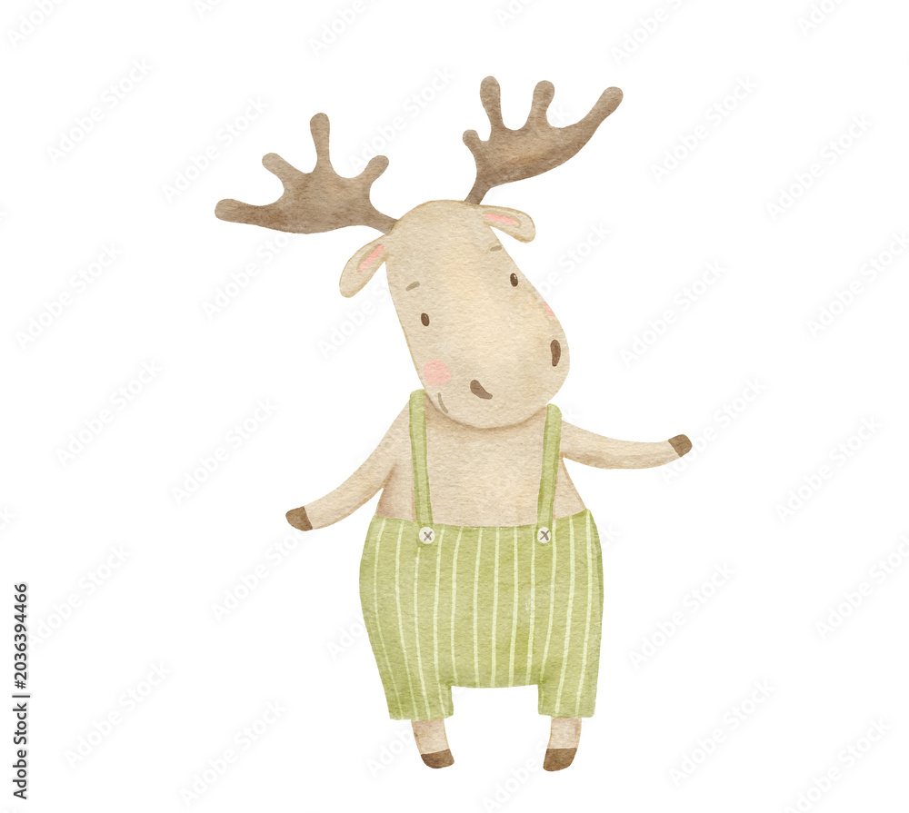 Obraz premium Cute watercolour cartoon stylized moose isolated on white, woodland funny animal character illustration for baby