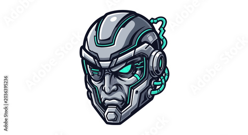 Quadro su tela Futuristic Robot Head with Glowing Eyes and Wires