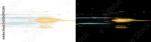 Abstract light trails with particles on black background, motion blur effect.