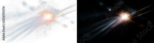 Lens flare effect with starburst and bokeh, transparent overlay and black background for compositing.