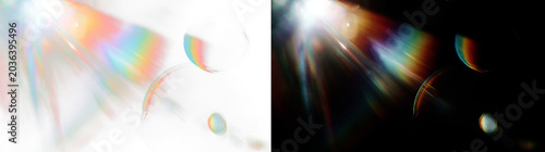 Prism light refraction and bokeh effect, transparent overlay and dark background for compositing.